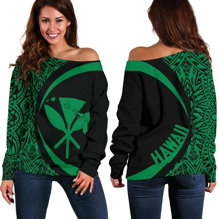 Kanaka Hawaii Map Green Polynesian Off Shoulder Sweater - Circle Style - AH J4 - Alohawaii
