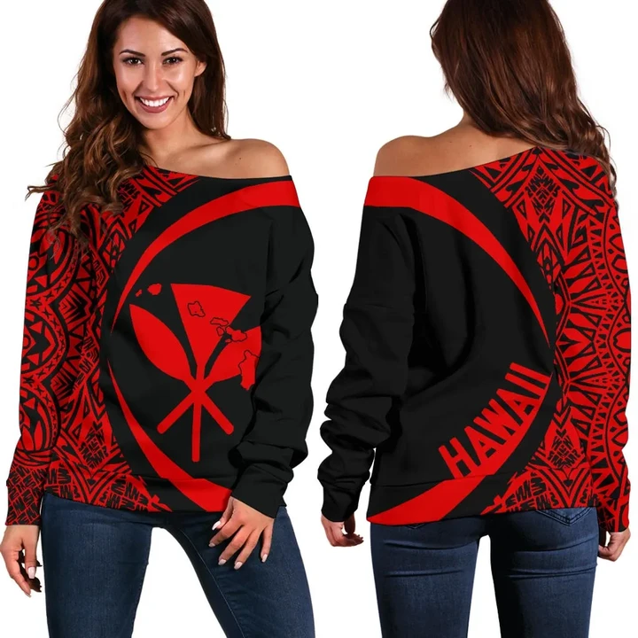 Kanaka Hawaii Map Red Polynesian Off Shoulder Sweater - Circle Style - AH J4 - Alohawaii