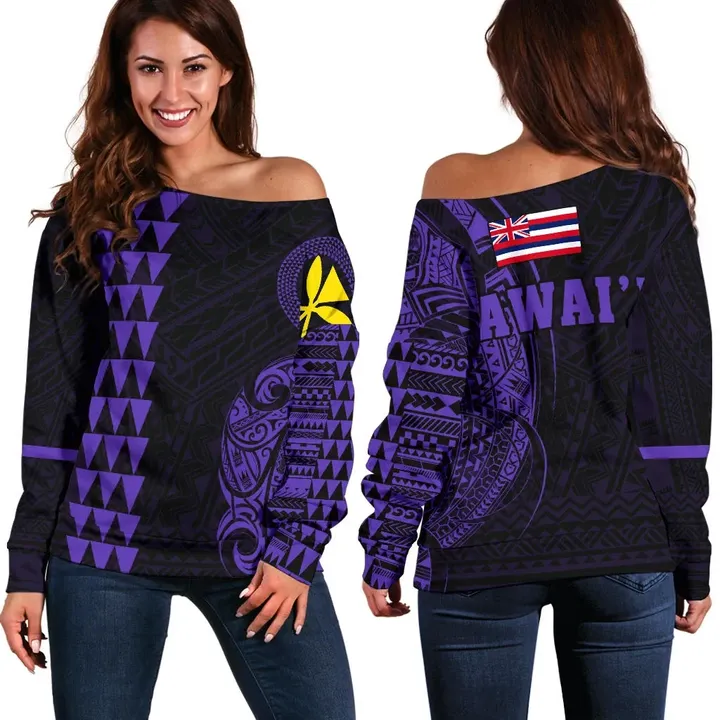 Hawaii Kanaka Polynesian Women's Off Shoulder Sweater - Purple - AH - J6 - Alohawaii
