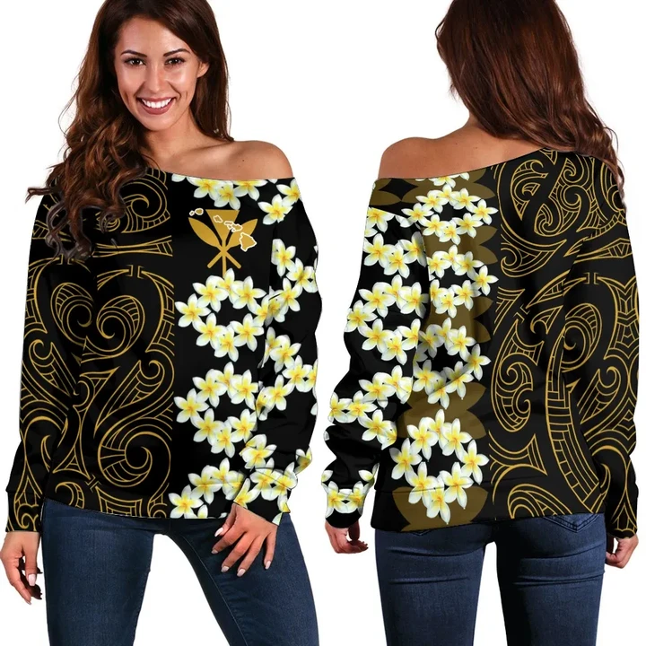 Plumeria Kanaka Polynesian - Hawaiian Women's Off Shoulder Sweater - Curtis Style - AH - J2 - Alohawaii