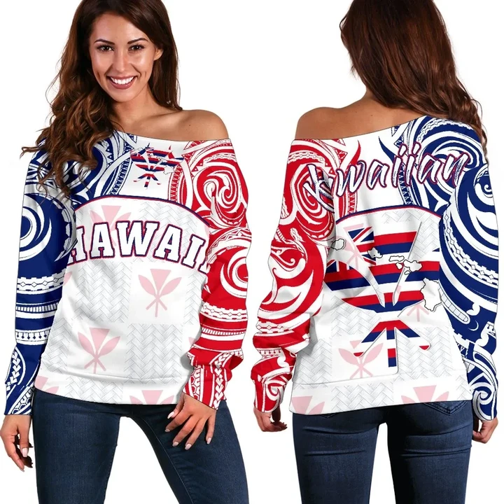 Hawaiian Kanaka Women's Off Shoulder Sweater Flag Nation Demodern White AH J1 - Alohawaii