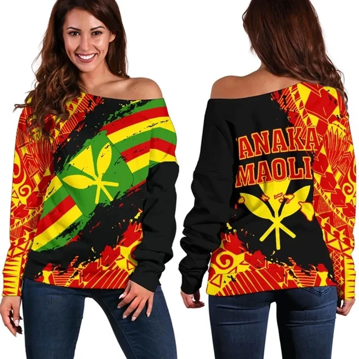 Kanaka Flag Polynesian Women's Off Shoulder Sweater - Nora Style - AH J9 - Alohawaii