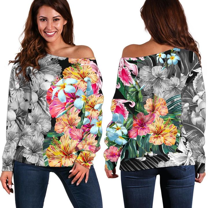 Hawaii Forest Tropical Flower Women's Off Shoulder Sweater - AH - J5 - Alohawaii