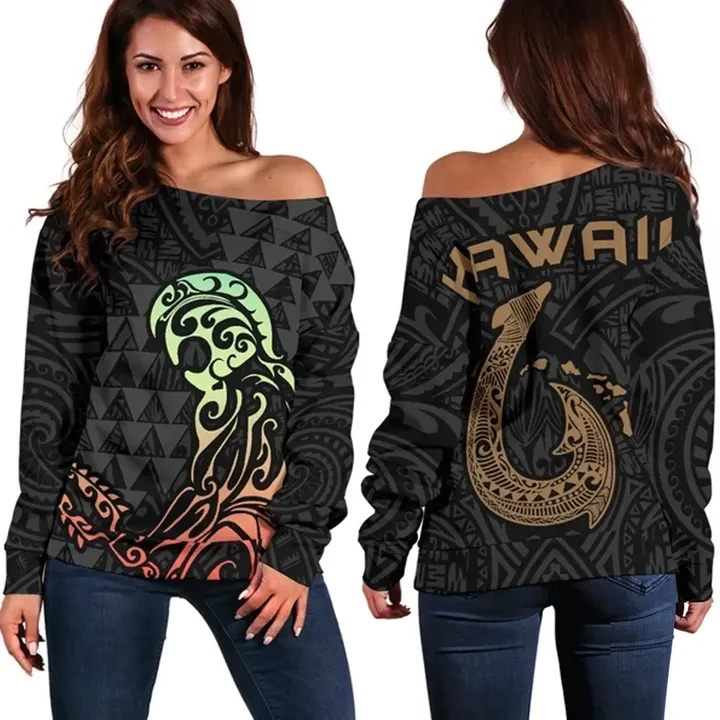 Hawaii Warrior And Hook Women's Off Shoulder Sweater - AH J4 - Alohawaii