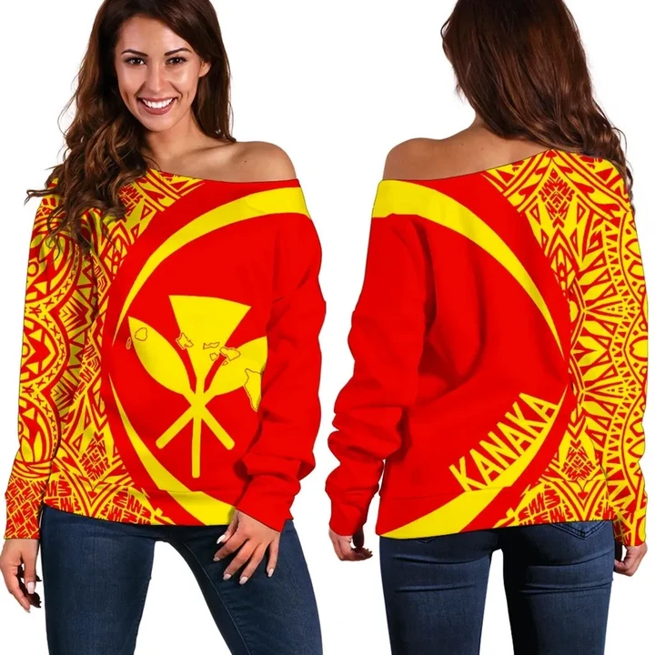Kanaka Mauna Kea Polynesian Women's Off Shoulder Sweater - Circle Style - AH - J9 - Alohawaii