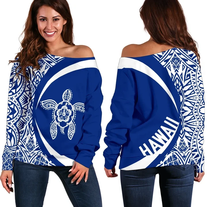 Hawaii Turtle Polynesian Women's Off Shoulder Sweater - Circle Style - AH - Blue J9 - Alohawaii