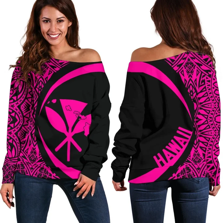 Kanaka Hawaii Map Pink Polynesian Off Shoulder Sweater - Circle Style - AH J4 - Alohawaii