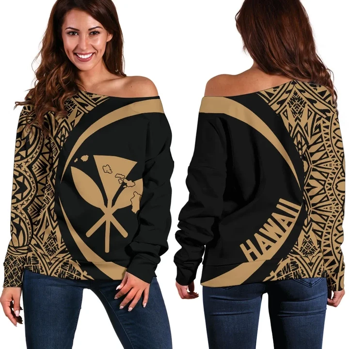 Kanaka Hawaii Map Gold Polynesian Off Shoulder Sweater - Circle Style - AH J4 - Alohawaii