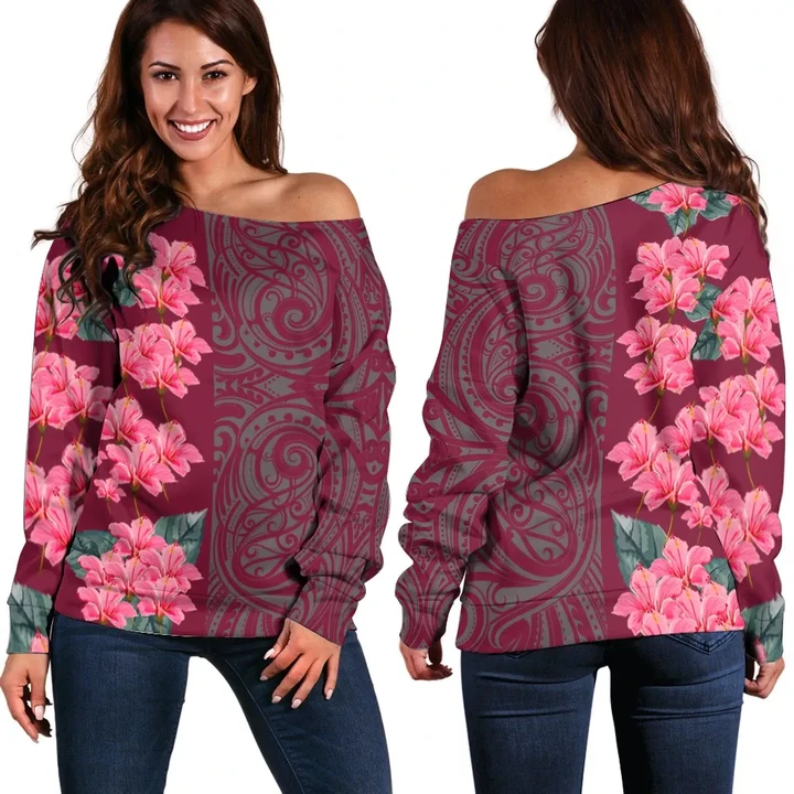 Hibiscus Flower Polynesian - Hawaiian Women's Off Shoulder Sweater - Curtis Style - AH - J2 - Alohawaii