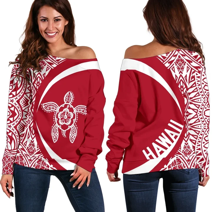 Hawaii Turtle Polynesian Women's Off Shoulder Sweater - Circle Style - AH - Red J9 - Alohawaii