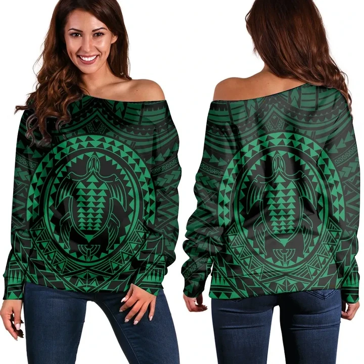 Hawaiian Kakau Honu Arc Polynesian Green Women's Off Shoulder Sweater - AH - JGR