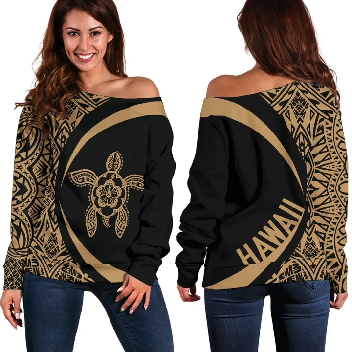 Hawaii Turtle Polynesian Women's Off Shoulder Sweater - Circle Style - AH - Golden J9 - Alohawaii