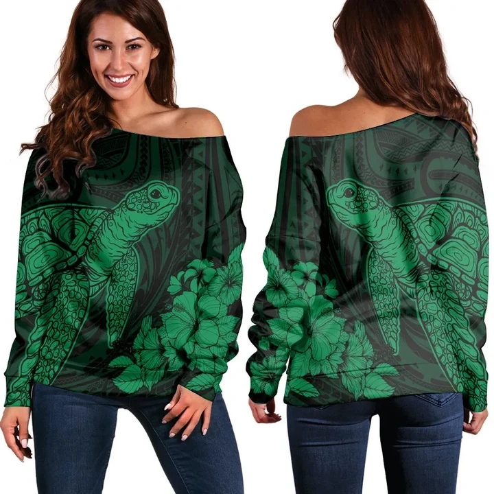 Hawaiian Hibiscus Memory Turtle Polynesian Women's Off Shoulder Sweater Green - AH - JR