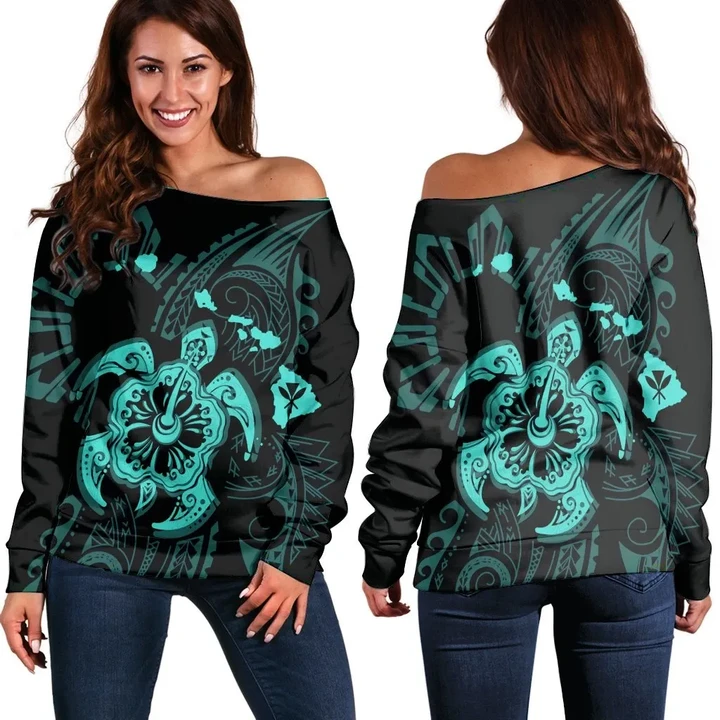 Hawaiian Map Kanaka Hibiscus Turtle Turquoise Polynesian Women's Off Shoulder Sweater - AH - J4R
