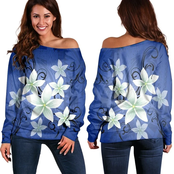 Hawaii Blue Plumeria Women's Off Shoulder Sweater - AH - J4R
