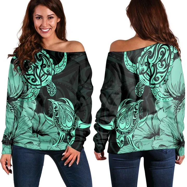Hawaii Turtle Women's Off Shoulder Sweater Polynesian Hibiscus Art Turquoise - AH - JR