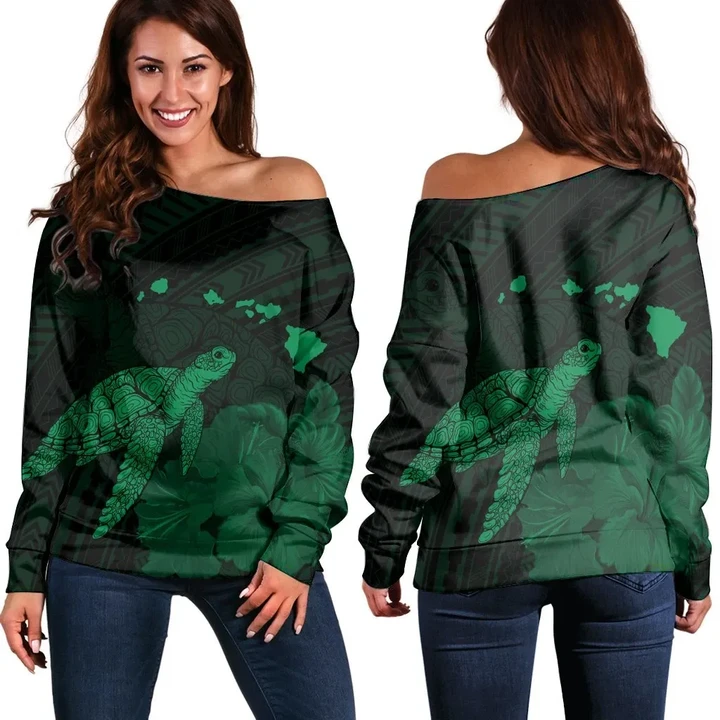 Hawaii Polynesian Hibiscus Turtle Map Women's Off Shoulder Sweater Green - AH - J5R