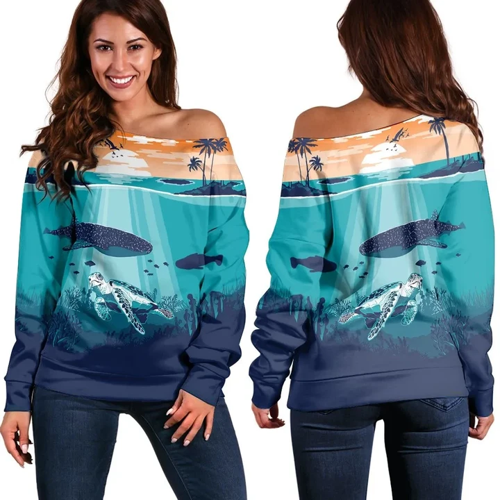 Hawaiian Whale And Turtle In Sunset Polynesian Women's Off Shoulder Sweater - AH - JR