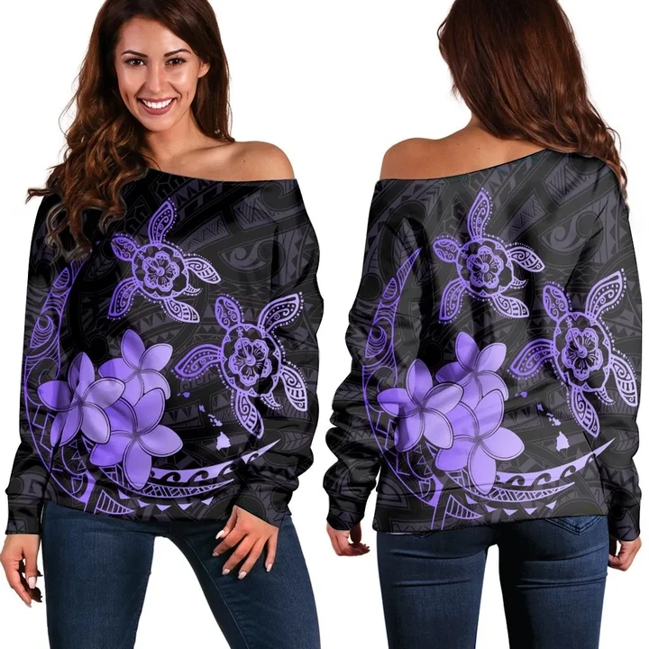 Hawaii Polynesian Turtle Plumeria Women's Off Shoulder Sweater - Pog Style Purple - AH - J4R