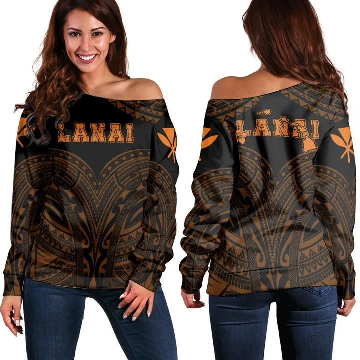 Hawaiian Kanaka Map Lanai Women's Off Shoulder Sweater - Orange - Brad Style -  AH - J2