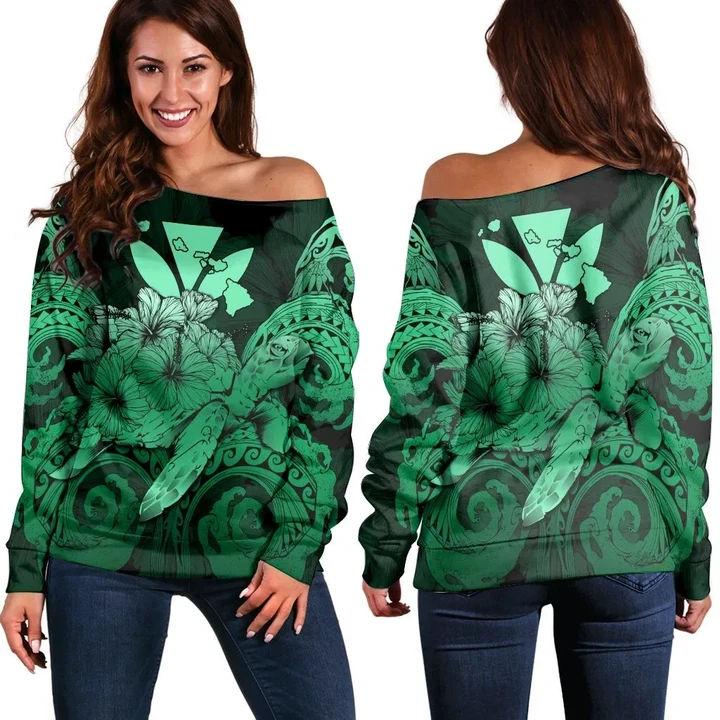 Hawaii Turtle Wave Polynesian Women's Off Shoulder Sweater - Hey Style Green Pastel - AH - J4R