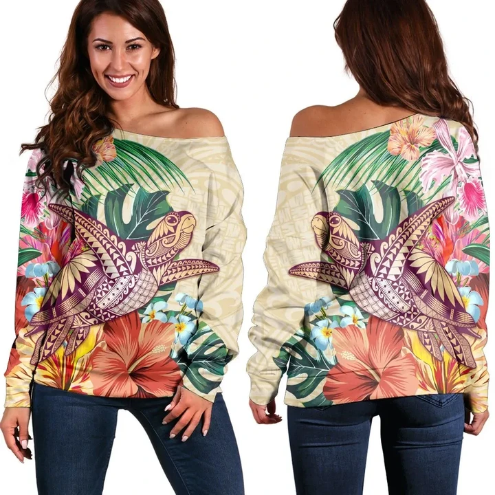 Hawaii Tropical Hibiscus Turtle Beige Women's Off Shoulder Sweater - AH - J4R