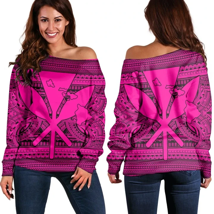 Hawaiian Kanaka Polynesian Tribal Women's Off Shoulder Sweater Reggae Color Pink AH - J7R