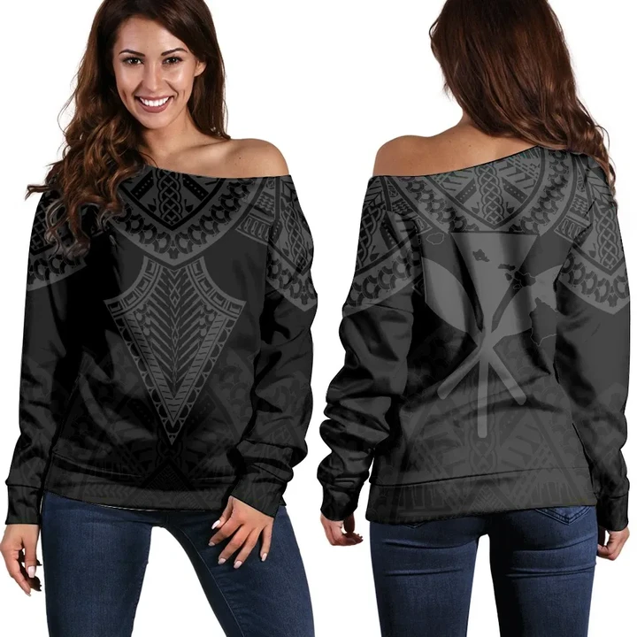 Alohawaii Sweater - Hawaii Polynesian Limited Women's Off Shoulder Sweater - Tab Style Gray - AH - J4