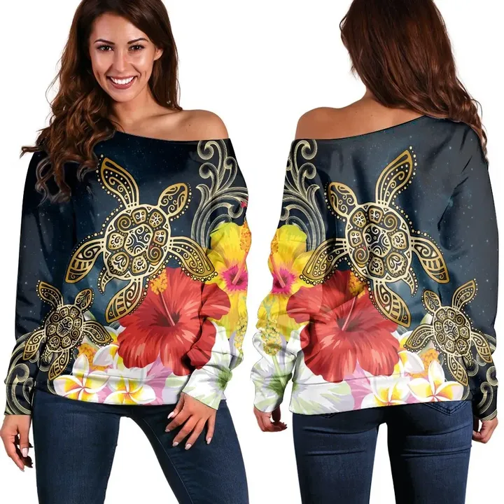 Hawaiian - Hawaii Honu Hibiscus Galaxy Women's Off Shoulder Sweater - AH - J4R