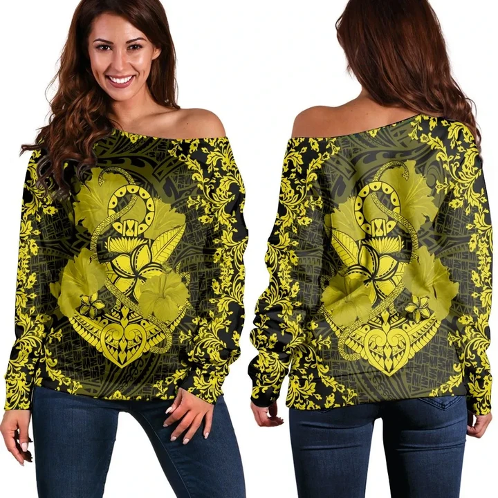 Hawaii Anchor Hibiscus Flower Vintage Women's Off Shoulder Sweater - AH - Yellow - J5R