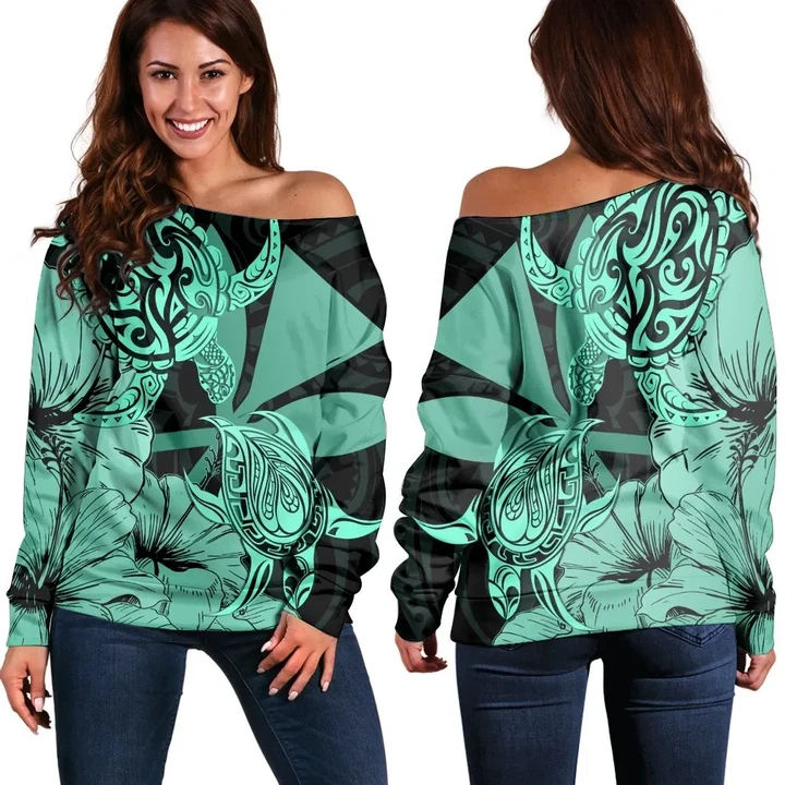 Hawaii Turtle Women's Off Shoulder Sweater Polynesian Hibiscus Art Ver 2.0 Turquoise - AH - JR