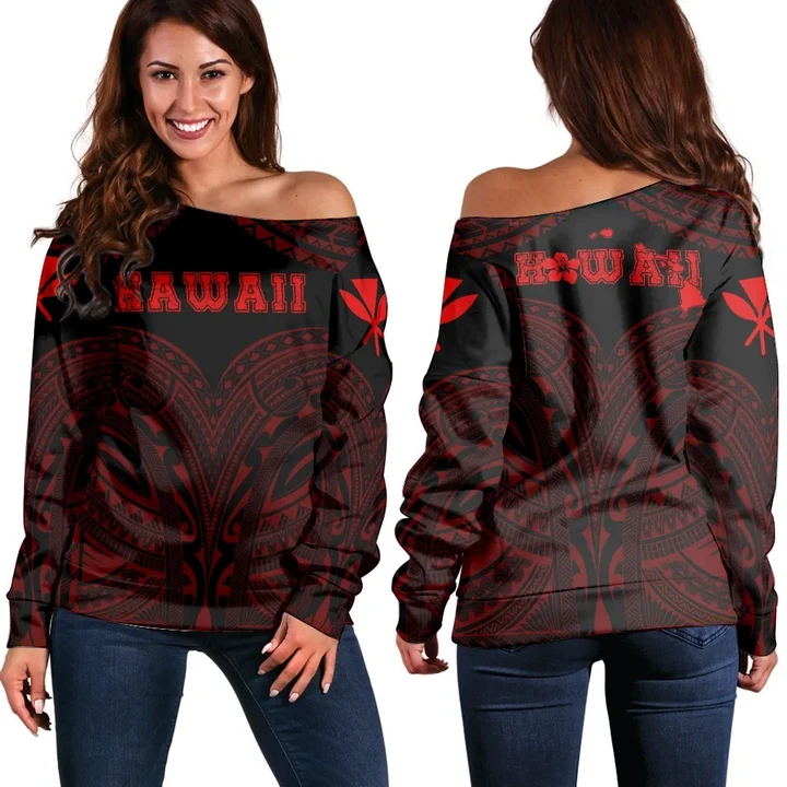 Hawaiian Kanaka Map Women's Off Shoulder Sweater - Red - Brad Style - AH - J2