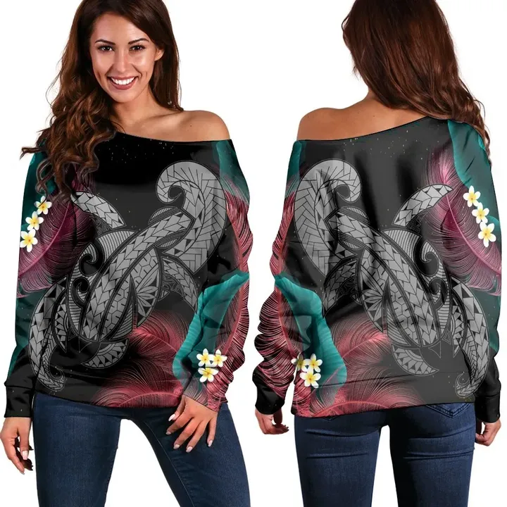 Hawaii Turtle Polynesian Tropical Women's Off Shoulder Sweater - Ghia Style Gray - AH - J4R