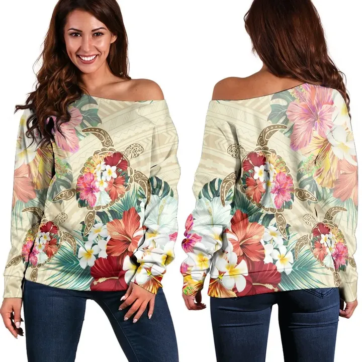 Hawaii Floral Turtle Women's Off Shoulder Sweater - Beige - AH - J4R