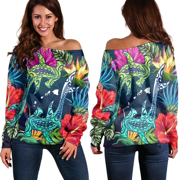 Hawaii Shark Tropical Color Women's Off Shoulder Sweater - AH - J4R