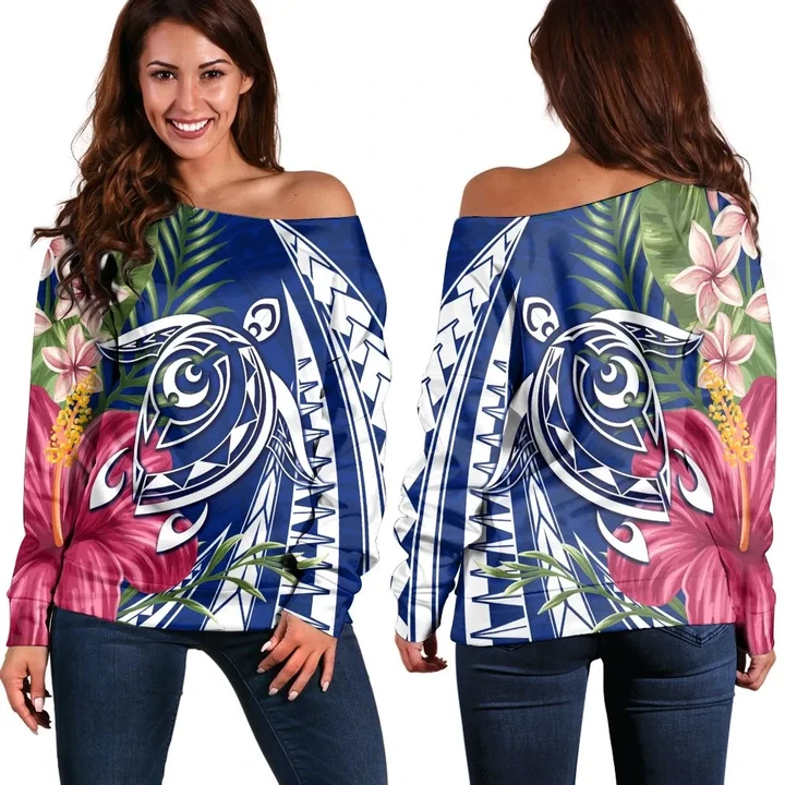 Hawaii Polynesian Turtle Tropical Hibiscus Plumeria Women's Off Shoulder Sweater - Blue - AH - J4R