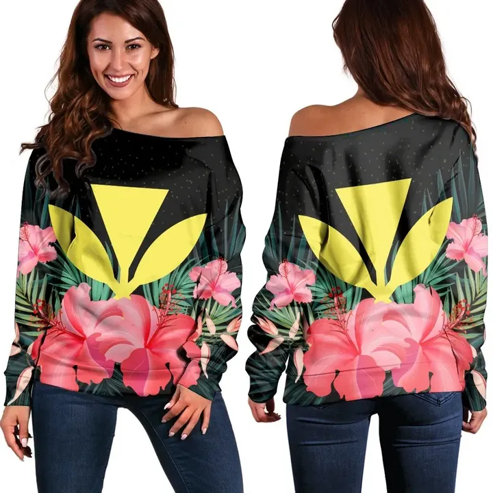 Hawaii Kanaka Tropical Hibiscus Women's Off Shoulder Sweater - AH - J4R