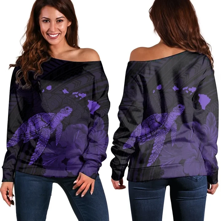 Hawaii Polynesian Hibiscus Turtle Map Women's Off Shoulder Sweater Purple - AH - J5R