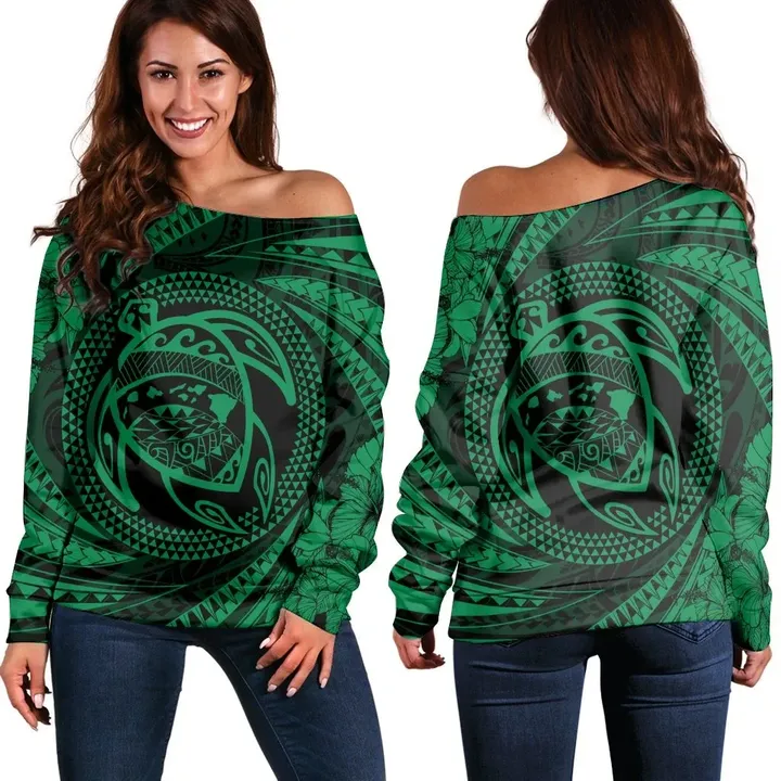 Hawaiian Kanaka Honu Hibiscus Tornando Polynesian Green Women's Off Shoulder Sweater - AH - JR