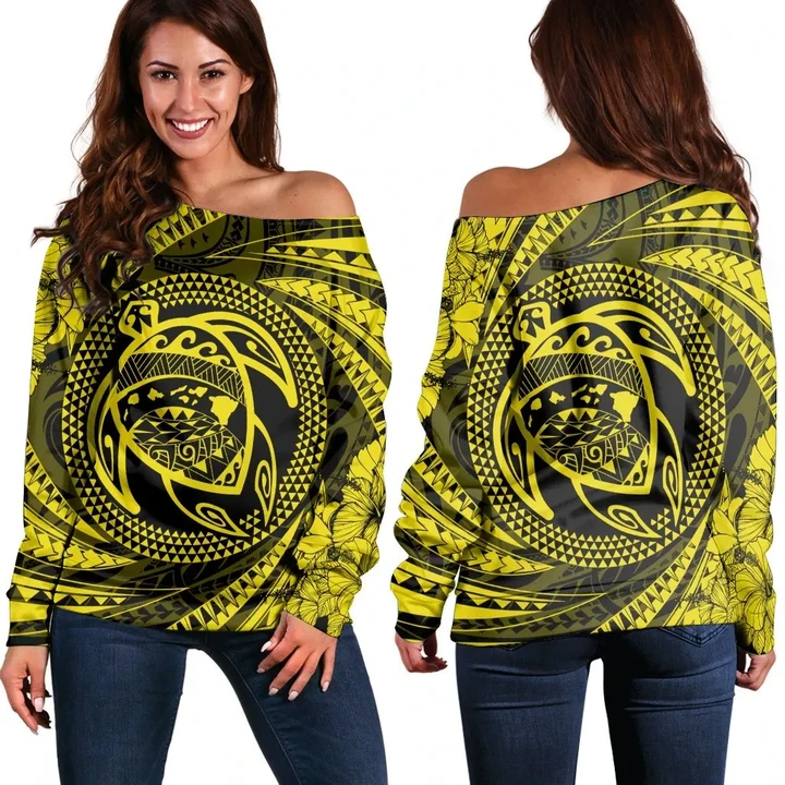 Hawaiian Kanaka Honu Hibiscus Tornando Polynesian Yellow Women's Off Shoulder Sweater - AH - JR