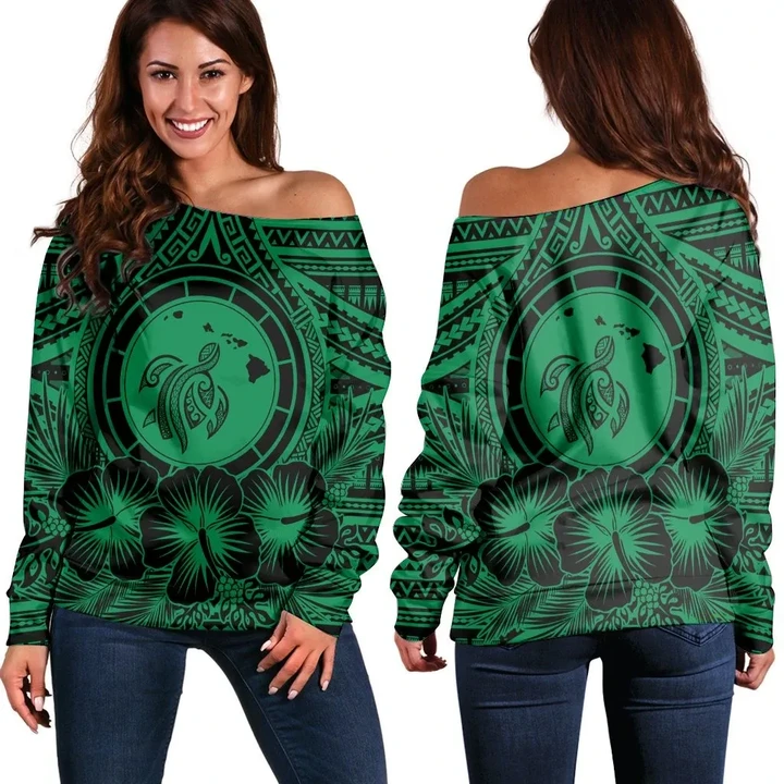 Hawaiian Map Honu Hibiscus Tropic Green Polynesian Women's Off Shoulder Sweater - AH - JGR