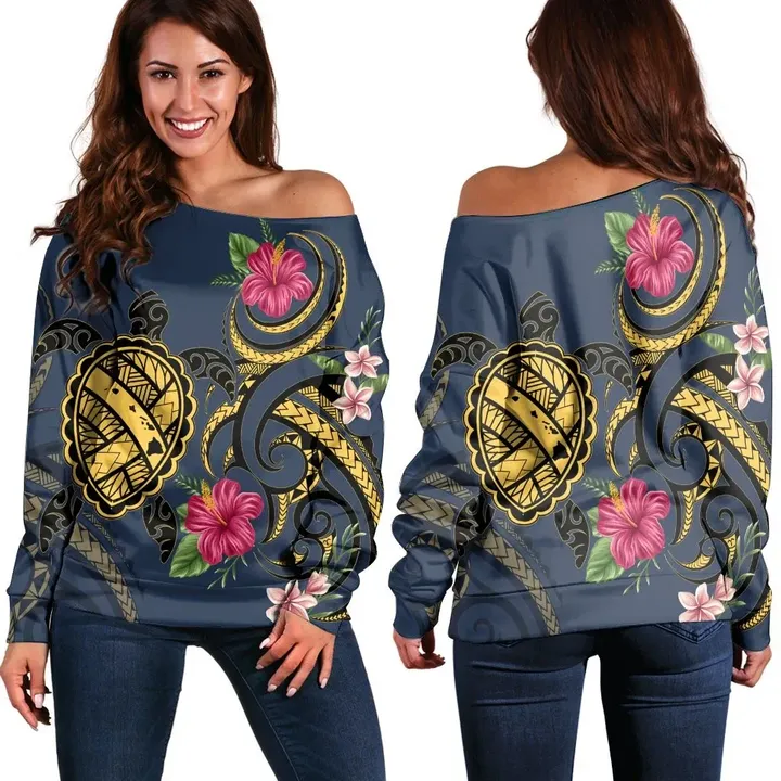 Hawaii Polynesian Turtle Hibiscus Plumeria Women's Off Shoulder Sweater - Nane Style - AH - J4R