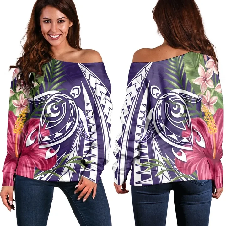 Hawaii Polynesian Turtle Tropical Hibiscus Plumeria Women's Off Shoulder Sweater - Purple - AH - J4R