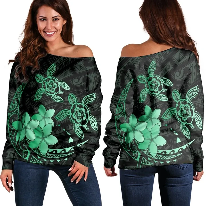 Hawaii Polynesian Turtle Plumeria Women's Off Shoulder Sweater - Pog Style Green - AH - J4R
