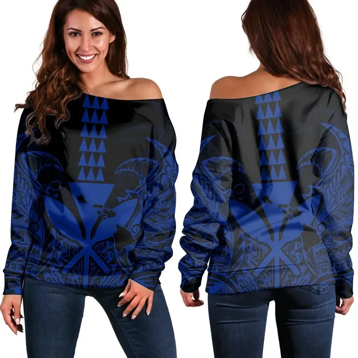 Hawaii Polynesian Kanaka Kakau Women's Off Shoulder Sweater - Alan Style Blue - AH - J4R