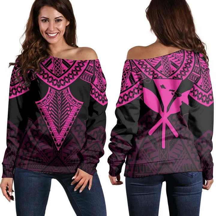 Alohawaii Sweater - Hawaii Polynesian Limited Women's Off Shoulder Sweater - Tab Style Pink - AH - J4