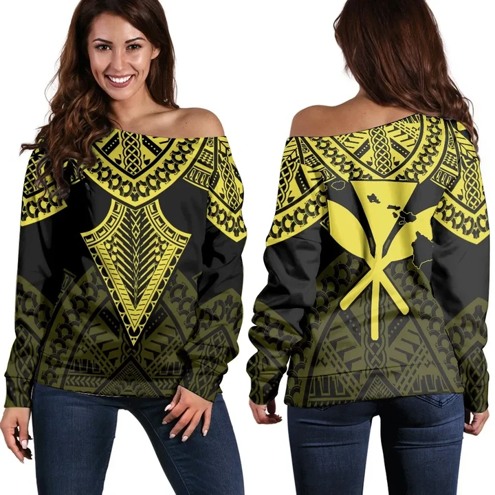 Alohawaii Sweater - Hawaii Polynesian Limited Women's Off Shoulder Sweater - Tab Style Yellow - AH - J4