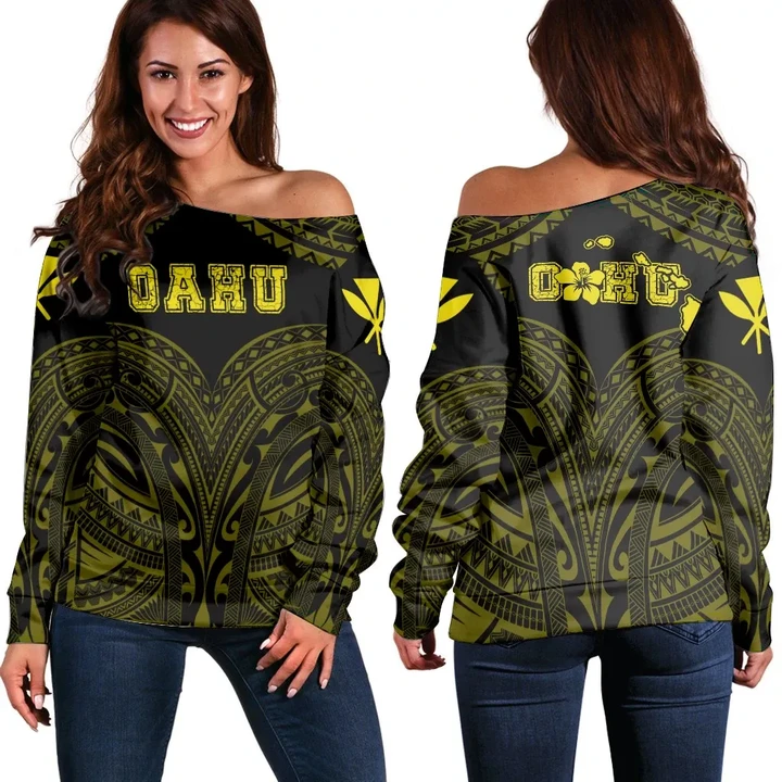 Hawaiian Kanaka Map Oahu Women's Off Shoulder Sweater - Yellow - Brad Style - AH - J2