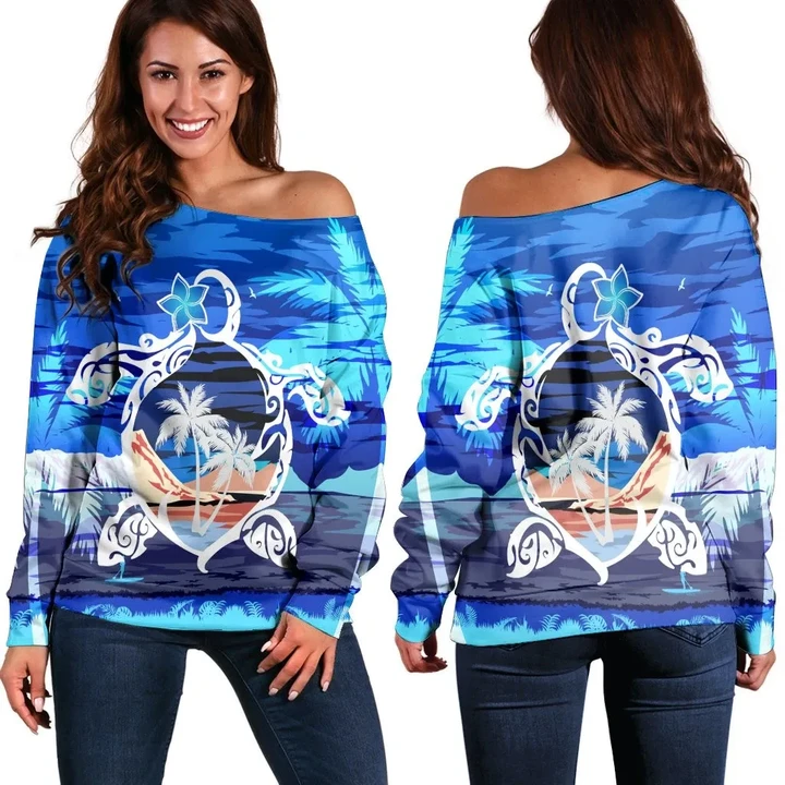 Hawaiian Turtle Plumeria Coconut Tree Polynesian Women's Off Shoulder Sweater Blue - AH - J4R
