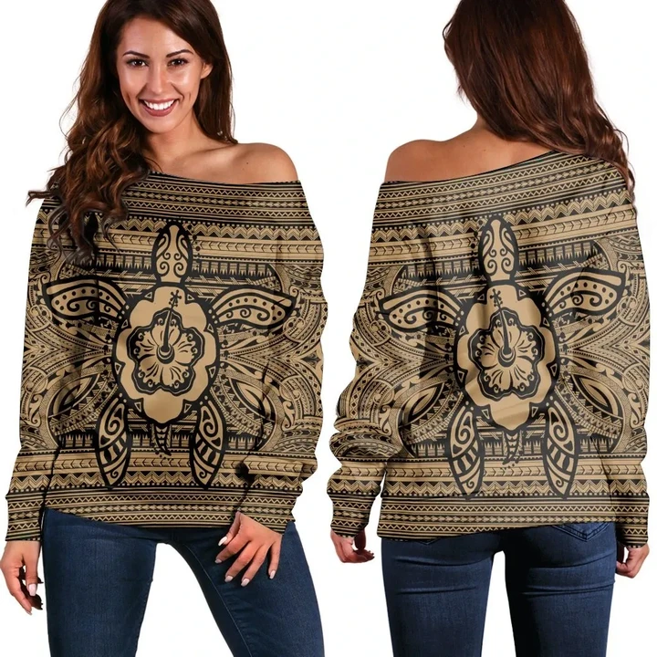 Hawaiian Turtle Polynesian Tribal Women's Off Shoulder Sweater Gold AH - J7R